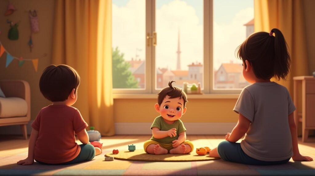 Allongé sur un tapis en peau de mouton, un bébé islandais joue avec des jouets artisanaux : petits chevaux en bois, bateaux miniatures et coussins brodés de runes anciennes.