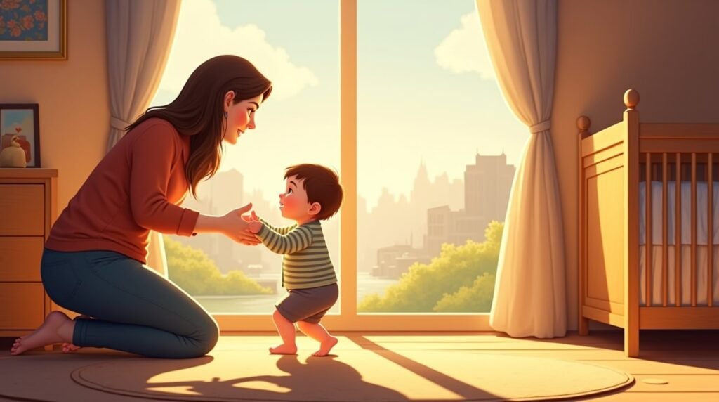 Dans un salon chaleureux ouvert sur un paysage de fjords et de montagnes enneigées, un bébé islandais s’avance à pas hésitants vers sa mère souriante, tandis que la lumière dorée du matin éclaire les vitres couvertes de givre.