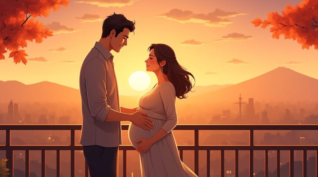 Sur la terrasse en bois d’une maison traditionnelle aux portes coulissantes, une future maman japonaise annonce à son compagnon qu’ils attendent un bébé, tandis que le vent fait danser les pétales de sakura.