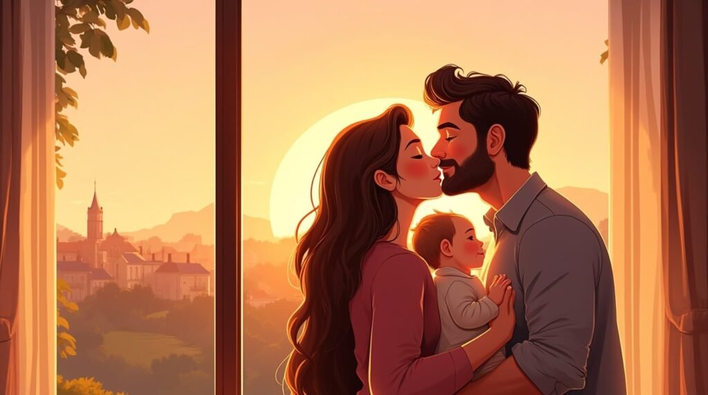 Assis sur les rives d’un loch tranquille, un couple gaëlique enlace leur bébé, entourés de collines couvertes de brume, de pierres dressées et du reflet argenté du crépuscule sur l’eau calme.