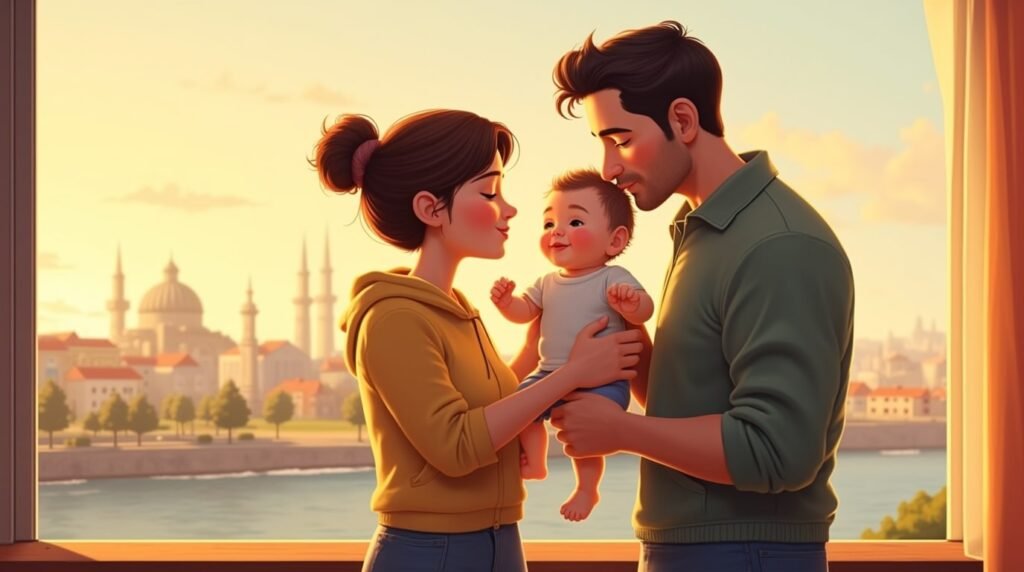 Assis sur la plage de sable noir de Vík, un couple islandais enlace leur bébé, entourés de falaises abruptes, de macareux posés sur les rochers et du reflet doré du crépuscule sur la mer du Nord.