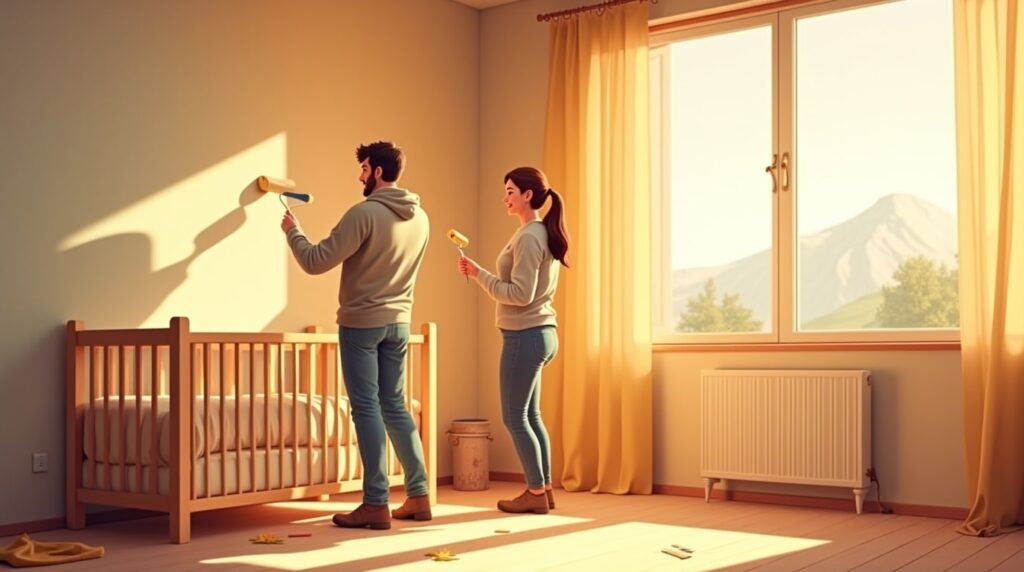 Un couple islandais prépare avec tendresse la chambre de leur bébé, décorée de couvertures en laine tissée, de guirlandes lumineuses et d’un mobile orné de baleines, de nuages et d’aurores boréales.