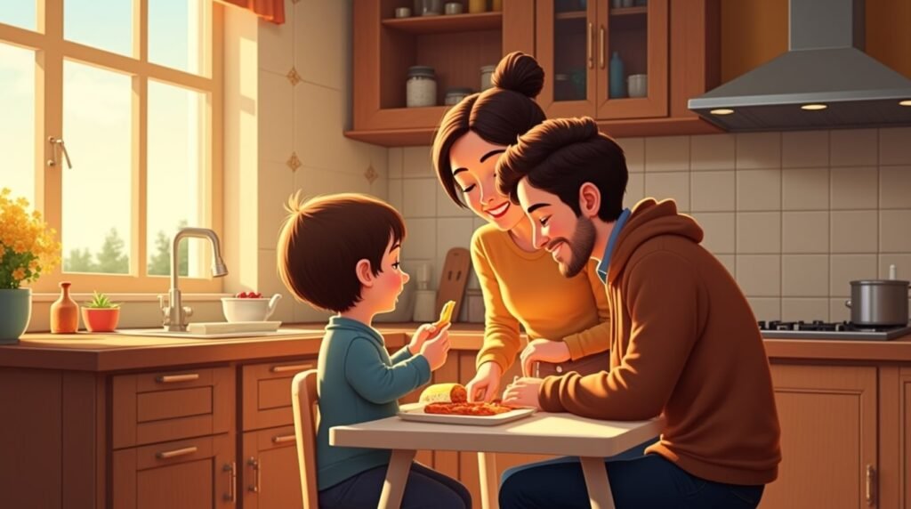 Dans une cuisine aux murs clairs et aux poutres apparentes, un couple islandais nourrit leur bébé tandis qu’une soupe de poisson mijote doucement et qu’une mélodie douce résonne depuis un vieux tourne-disque.