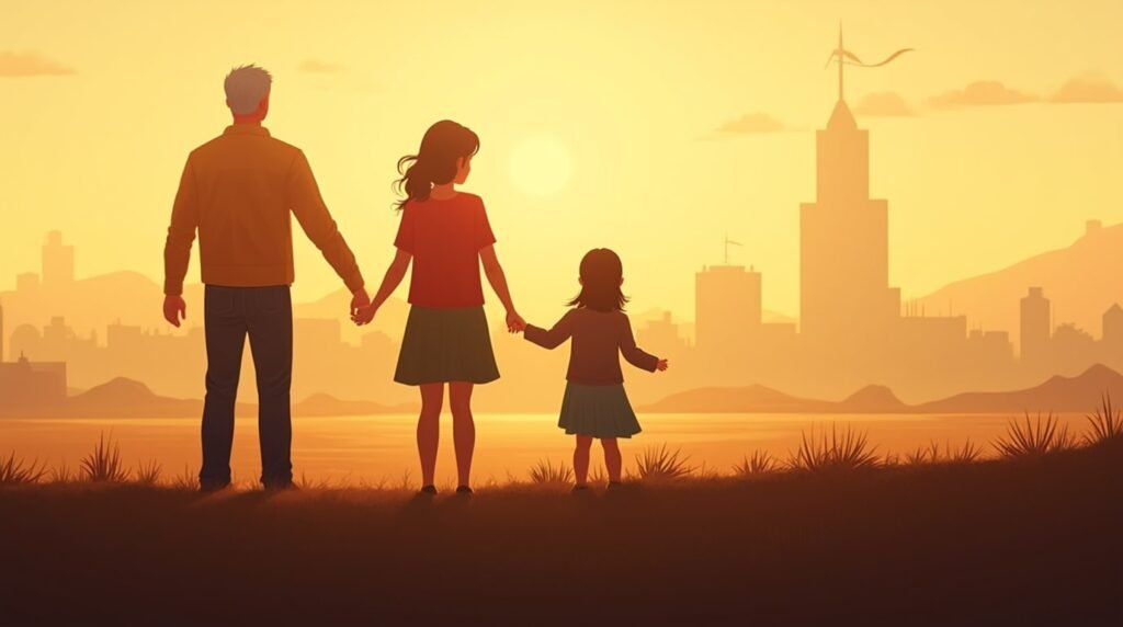 Deux parents islandais rient avec leur bébé dans un champ de lupins violets, entourés de montagnes brumeuses, tandis qu’un ruisseau d’eau pure serpente entre les roches volcaniques noires.