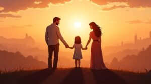 Deux parents gaëliques rient avec leur bébé dans un pré couvert de fleurs sauvages, près d’un vieux dolmen moussu, tandis qu’un ruisseau clair reflète les teintes vert émeraude du paysage.