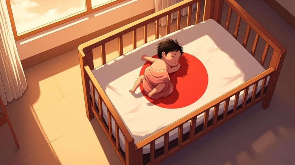 Un bébé japonais dort paisiblement dans un berceau en bois clair, emmitouflé dans une couverture en coton doux aux motifs inspirés des vagues seigaiha, dans les tons bleu indigo et blanc.