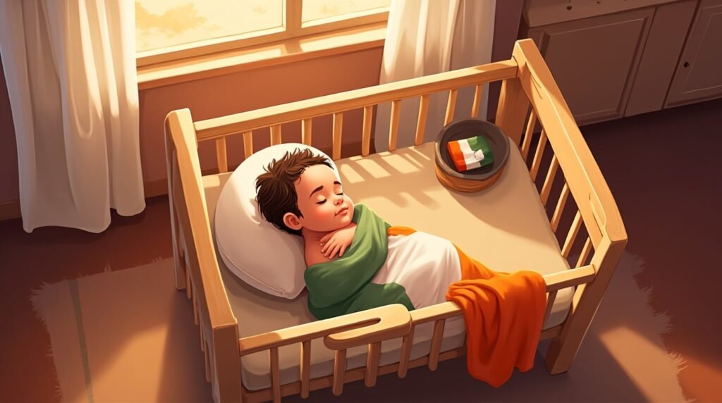 Un bébé gaëlique dort paisiblement dans un berceau en bois de chêne sculpté, emmitouflé dans une couverture douce aux motifs celtiques, dans les tons vert mousse, beige et or pâle.