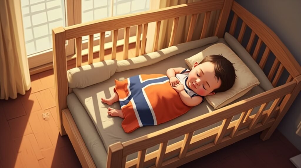 Un bébé islandais dort paisiblement dans un berceau en bois de bouleau sculpté, emmitouflé dans une couverture douce aux motifs nordiques, dans les tons gris clair, bleu glacier et crème.