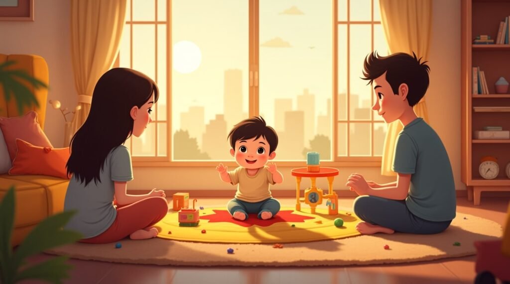 Allongé sur un tapis en fibres naturelles décoré de motifs ethniques, un bébé laotien joue tranquillement avec des jouets artisanaux : petits buffles en bois, poupées en tissu et coussins brodés de fleurs de lotus.