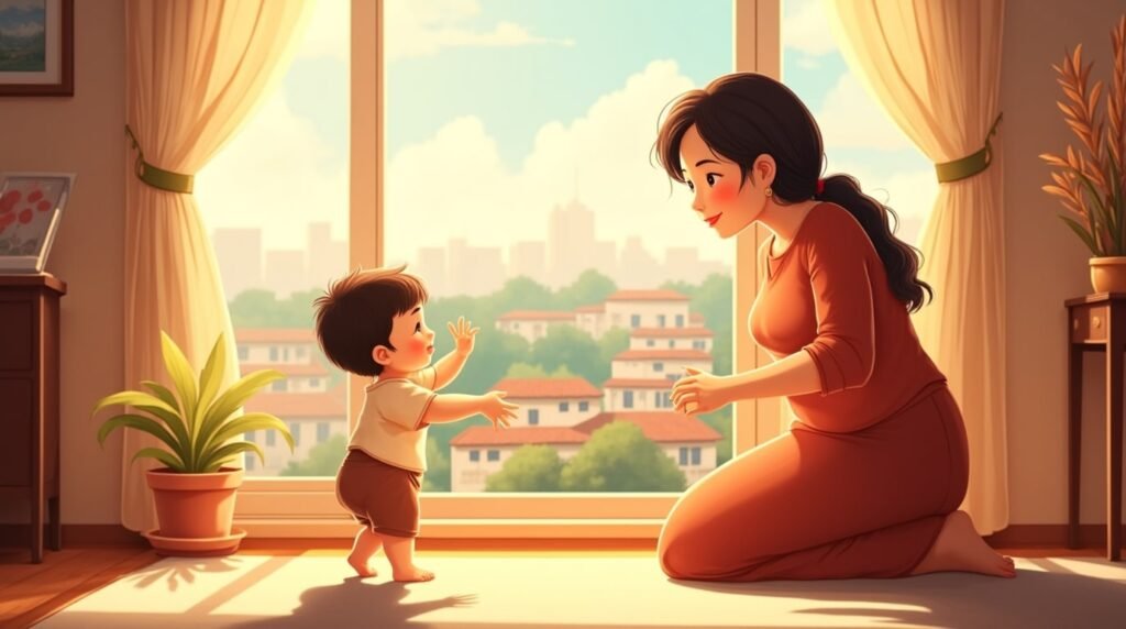 Dans une maison traditionnelle sur pilotis ouverte sur un jardin de manguiers et de bougainvilliers, un bébé laotien s’avance à pas hésitants vers sa mère souriante, tandis que la lumière du matin traverse les voiles en coton tissé.