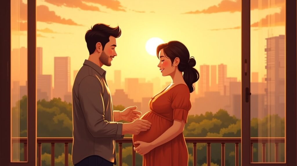 Sur la terrasse en bois d’une maison sur pilotis face au Mékong, une future maman laotienne annonce à son compagnon qu’ils attendent un bébé, tandis que le ciel se teinte d’or et de rose au coucher du soleil.