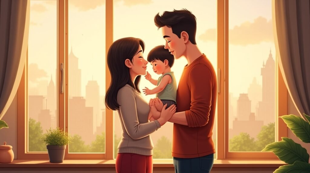 Assis sur les rives paisibles du Mékong, un couple laotien enlace leur bébé, entourés de pirogues, de montagnes couvertes de jungle et des reflets rosés du crépuscule sur l’eau calme.