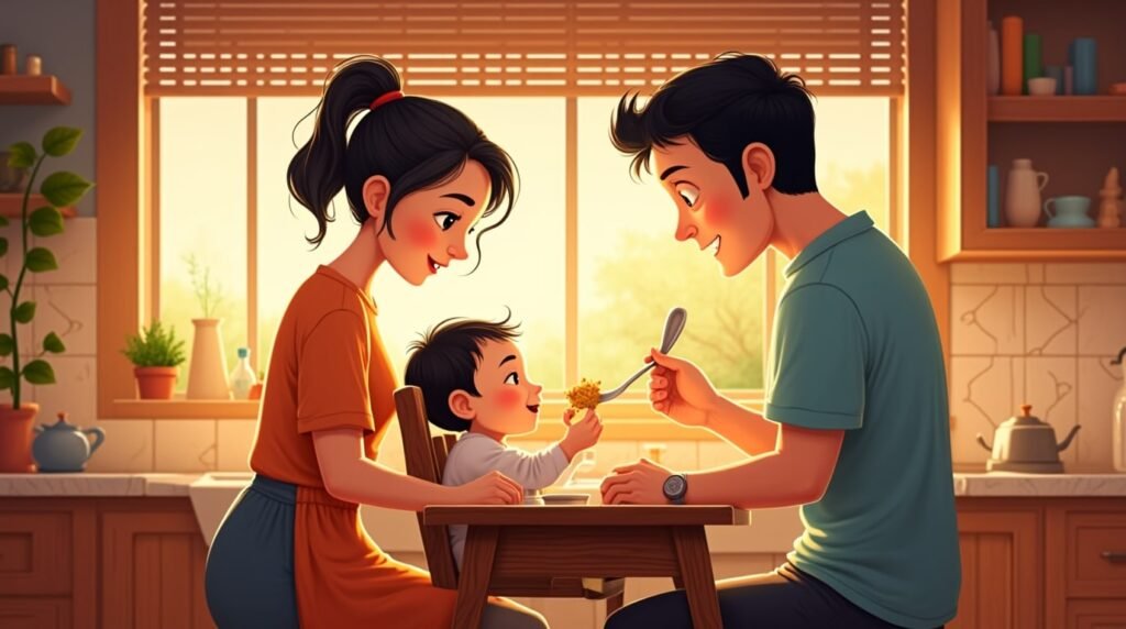 Dans une cuisine ouverte sur la nature, décorée de paniers en bambou et de poteries locales, un couple laotien nourrit leur bébé tandis qu’un plat de laap mijote doucement et qu’une mélodie de khène flotte dans l’air.