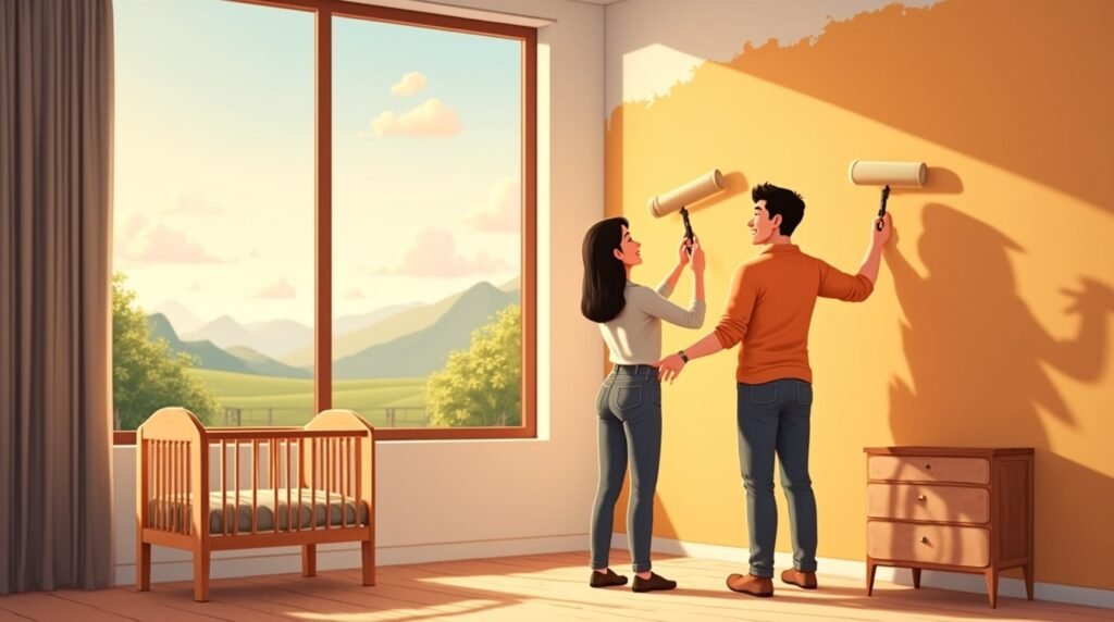 Un couple laotien prépare avec soin la chambre de leur bébé, ornée de soieries tissées à la main, de lanternes colorées et d’un mobile délicat représentant des éléphants, des lotus et des nuages stylisés.