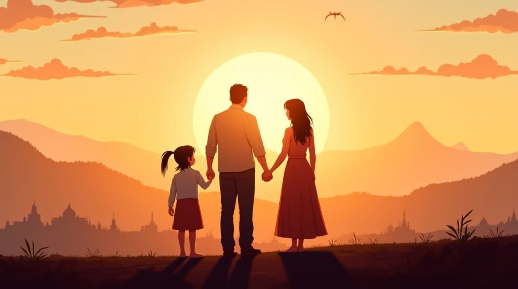 Deux parents laotiens partagent un rire avec leur bébé dans un jardin luxuriant, entourés de feuilles de bananier, de fleurs éclatantes et du doux clapotis d’un ruisseau descendant des collines verdoyantes.