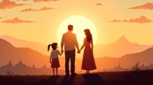 Deux parents laotiens partagent un rire avec leur bébé dans un jardin luxuriant, entourés de feuilles de bananier, de fleurs éclatantes et du doux clapotis d’un ruisseau descendant des collines verdoyantes.