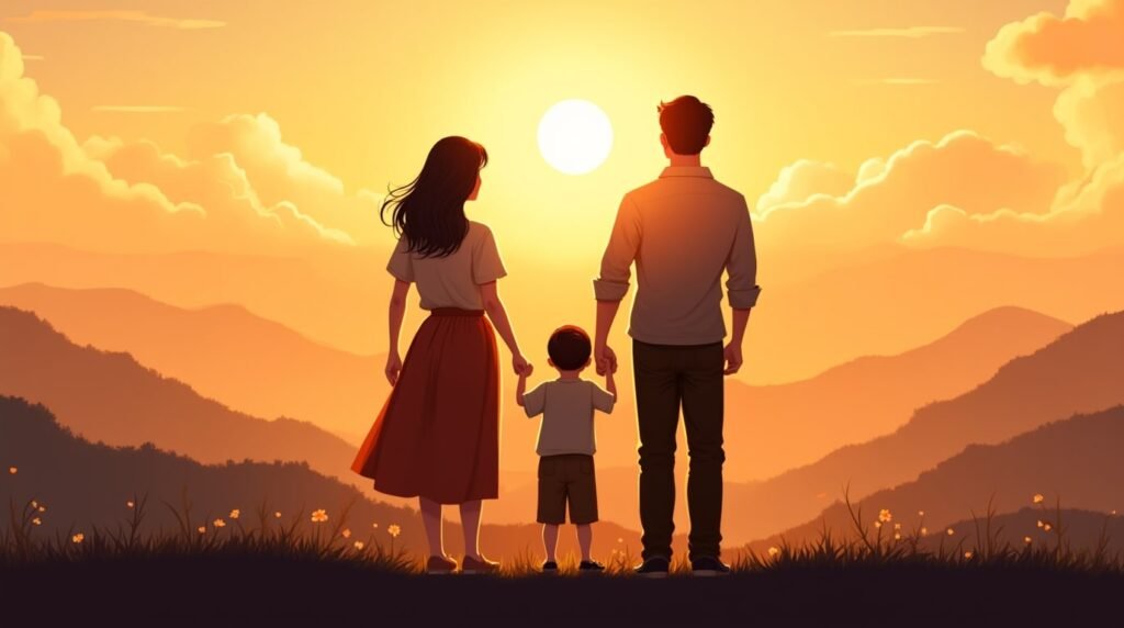 deux parents laotiens tiennent la main de leur petit garçon