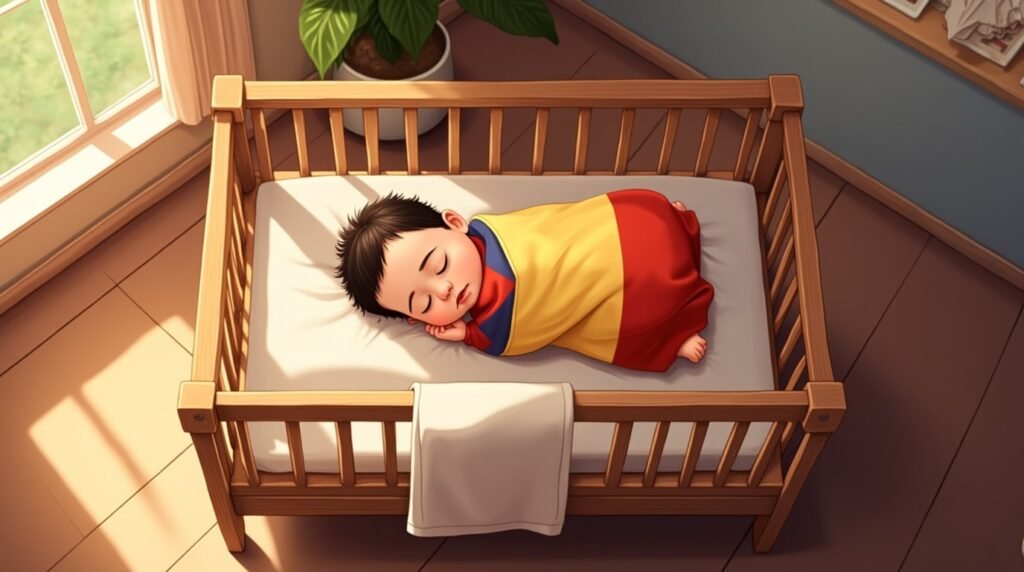 Un bébé laotien dort profondément dans un berceau en rotin tressé, enveloppé dans une couverture légère aux motifs traditionnels, mêlant des nuances de jade, d’or doux et de rouge terre.