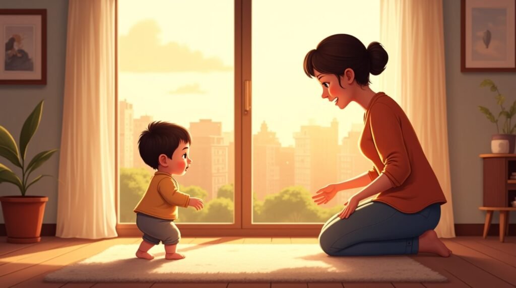 Dans le salon d'une demeure ancestrale ouvrant sur un jardin de jasmin, un bébé libanais fait ses premiers pas vers sa mère sous la douce clarté du matin filtrant par les vitraux.