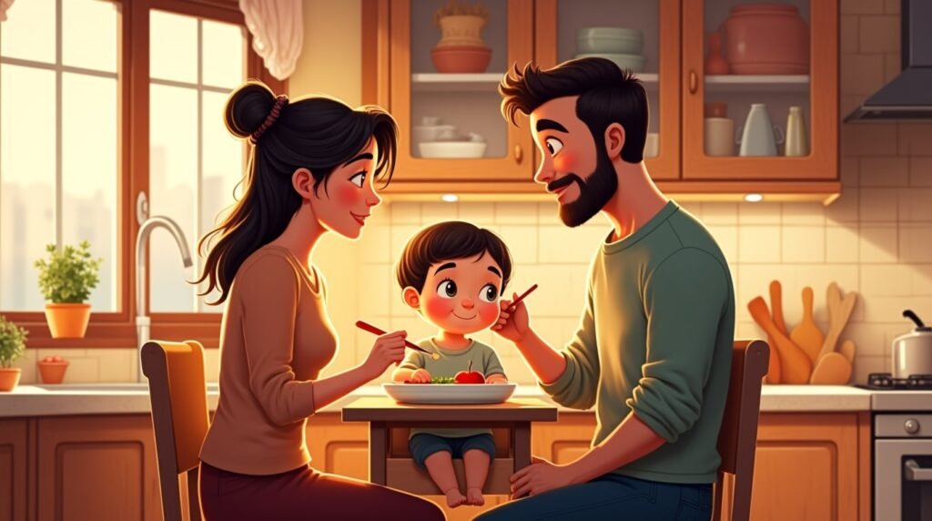 Dans une cuisine lumineuse aux dalles de marbre, un couple libanais nourrit leur bébé pendant que l'odeur du pain manouché frais et du zaatar emplit l'espace chaleureux.