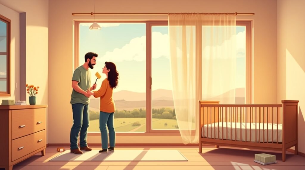 Un couple libanais décore avec soin la chambre de leur bébé, intégrant des broderies artisanales, des veilleuses tamisées et un mobile orné de petits cèdres et d'étoiles dorées.