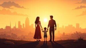 Un couple libanais s’aventure avec leur bébé sur un sentier bordé de cèdres majestueux et de fleurs sauvages, surplombant une vallée de la Qadisha baignée de lumière.