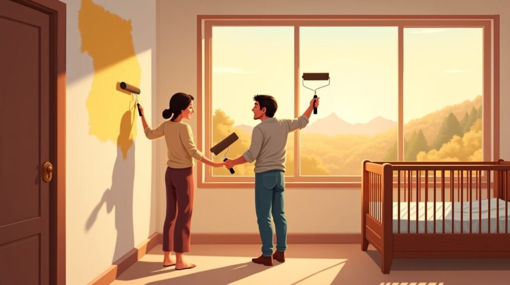 deux parent mexicains en train de repeindre une chambre d'enfant