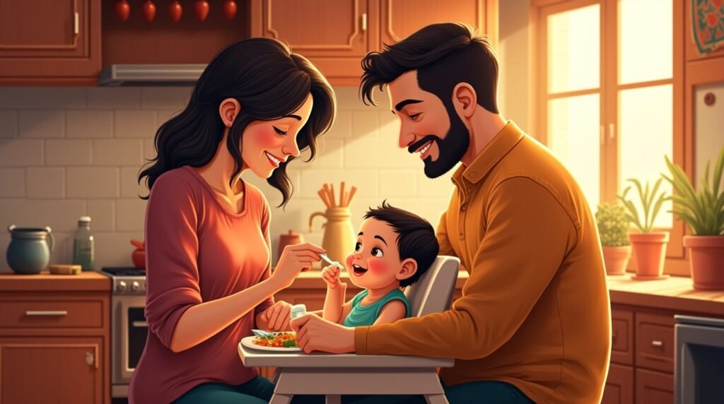 deux parents mexicains en train de donner à manger à leur enfant