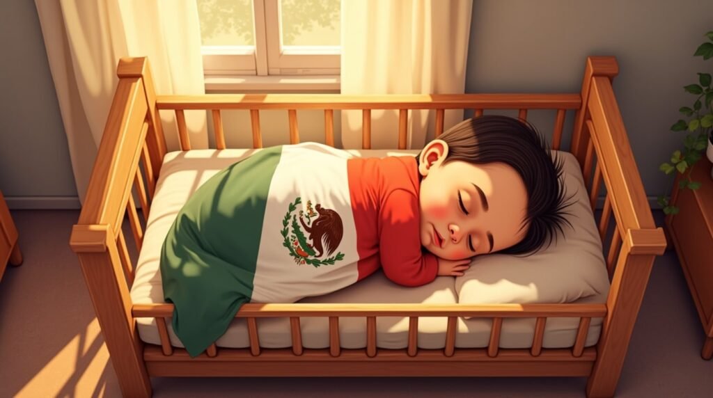 Un bébé en train de dormir dans un berceau avec une couverture mexicaine