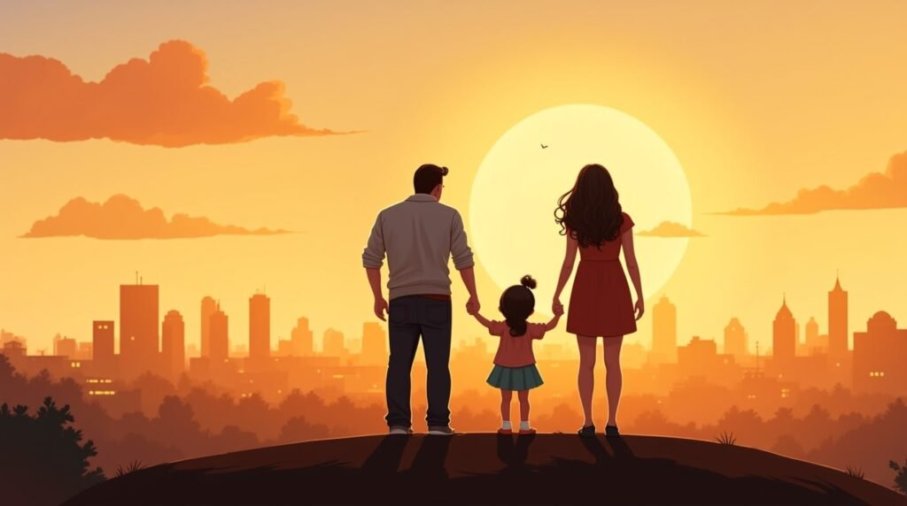 Deux parents tiennent la main de leur petite fille devant un paysage de Mexico city