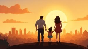 Deux parents tiennent la main de leur petite fille devant un paysage de Mexico city